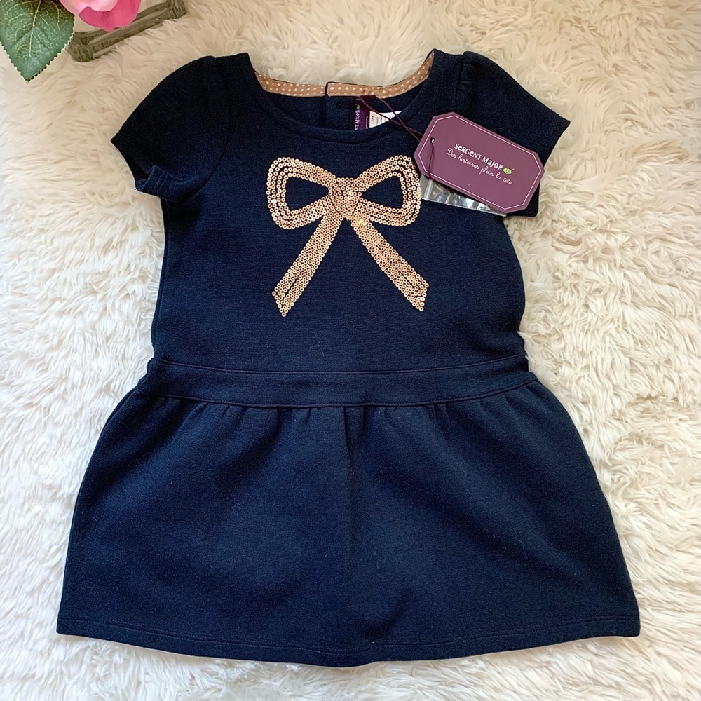 NEW French Sargent Major Baby Girl Sequin Bow Dress Navy Blue 12 Months 12M NWT